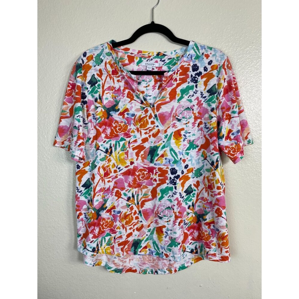 Chicos Womens Floral V-Neck Short Sleeve Top Size Large Cotton Modal Colorful